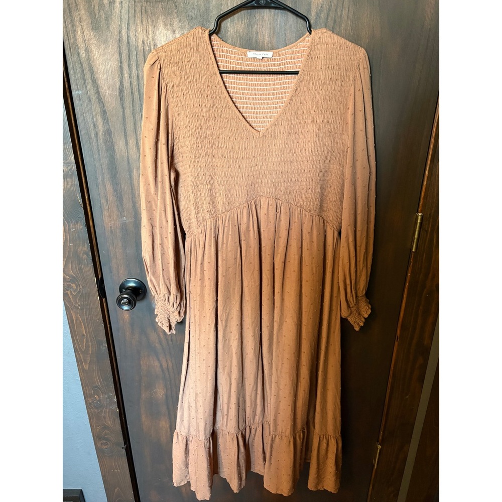 Tea N Rose Swiss Dot Smocked Midi Dress Tan V-Neck XL ID8804